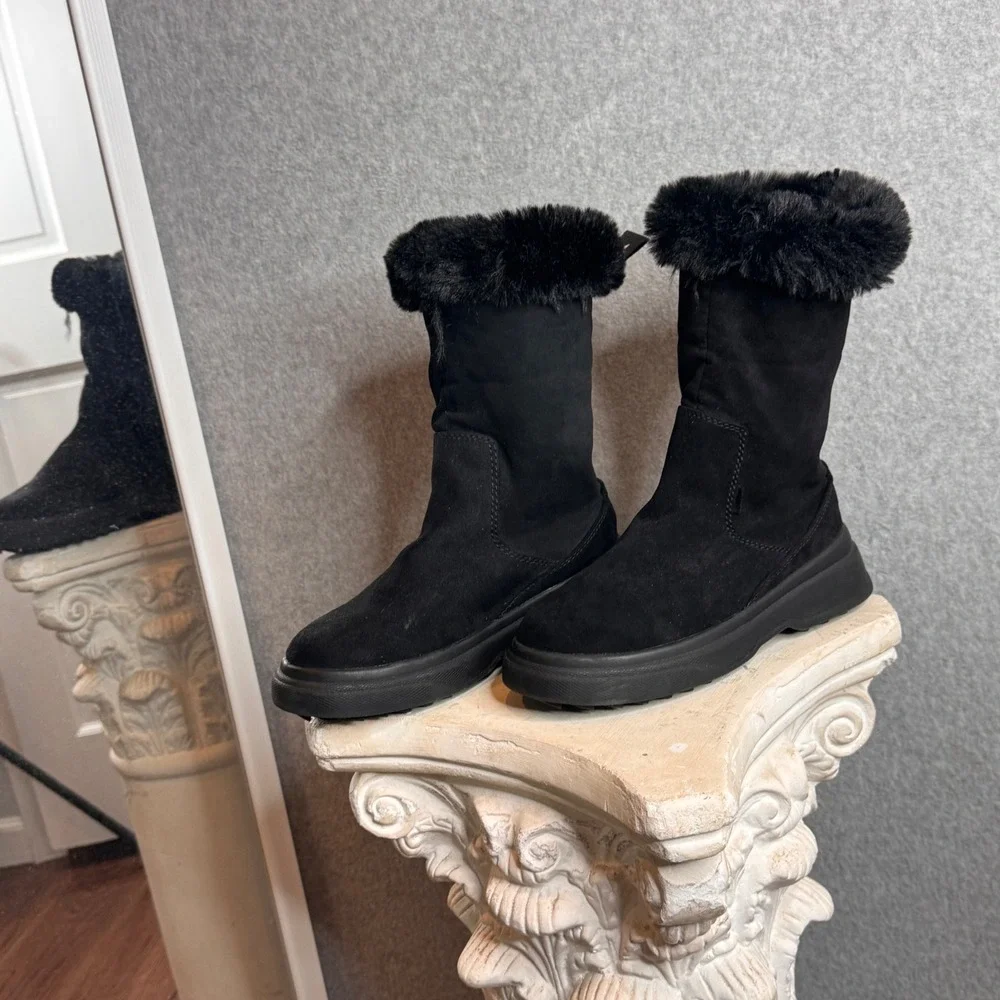 Zara Kids Faux Fur Ankle Booties‎ Black Suede Boots Chunky Platform Size 1Y